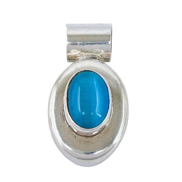 Vintage Mexico Taxco TO-25 Sterling Sterling Silver 925 Blue Cat's Eye Pendant - Picture 2 of 8